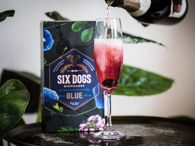 "Six Dogs Blue Gin bottle – Premium blue gin available online with fast delivery from The V Bar in Kenya."